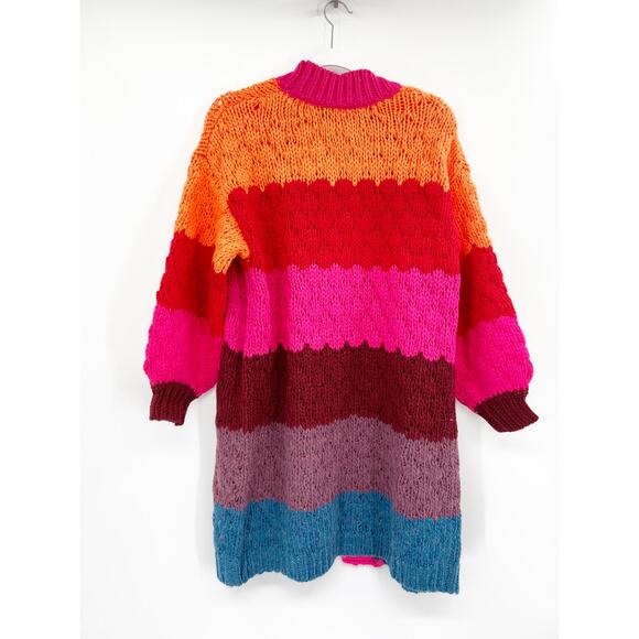FARM RIO Sweater Cardigan Striped Rainbow Knit Puff Sleeve Open Front - Picture 6 of 7